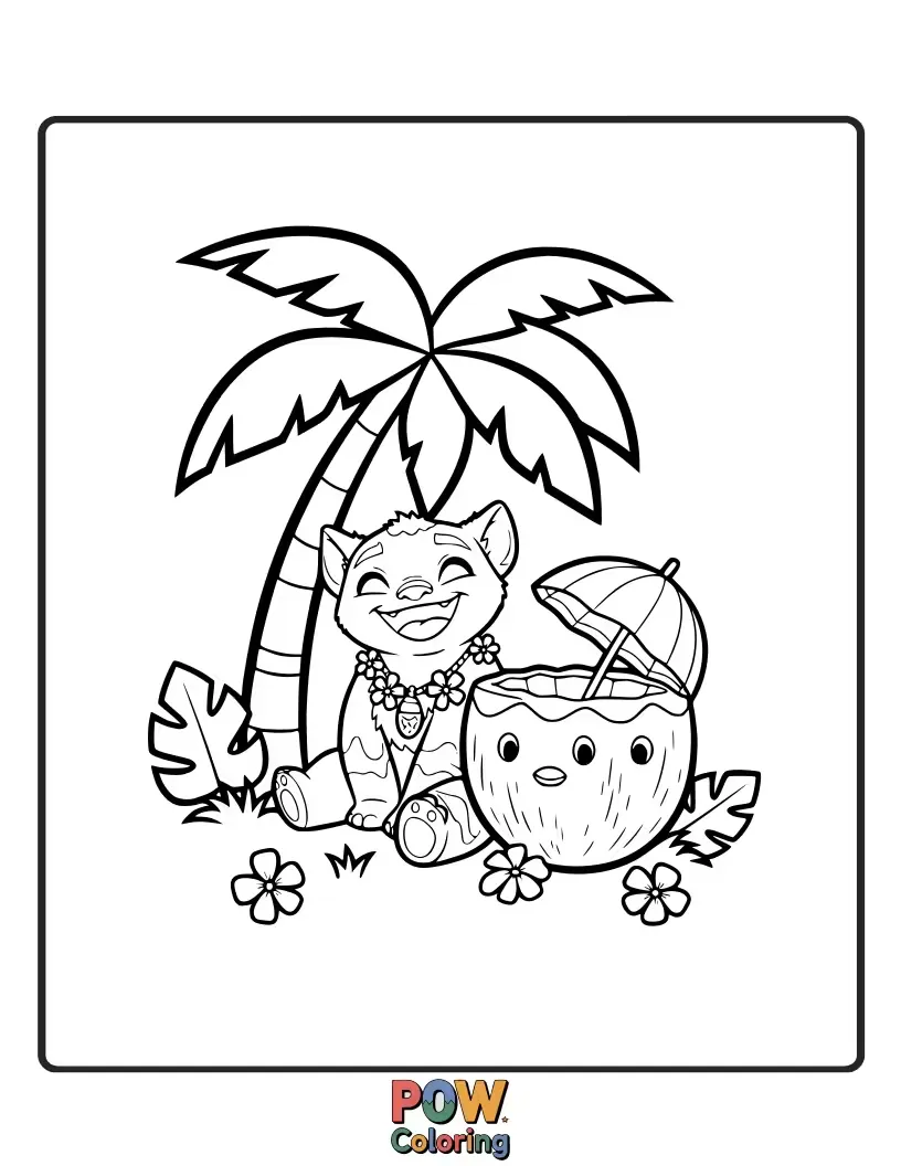 Free coloring page of Pua is happily munching on a delicious tropical fruit, his snout covered in juice. A sweet and simple scene.