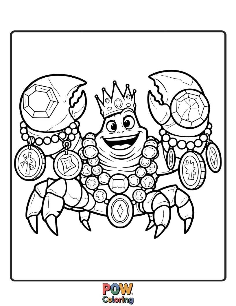 Free coloring page of The flamboyant Tamatoa the crab flaunts his treasure hoard, with him sparkling in the center. A glittery and fun challenge.