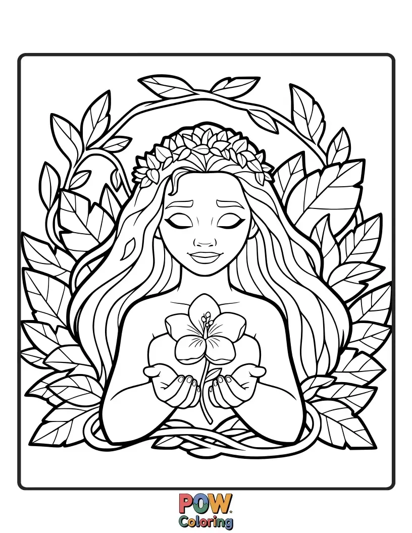 Free coloring page of The benevolent Te Fiti is depicted as a serene, blooming island goddess, surrounded by lush greenery and flowers. A beautiful and calming scene.