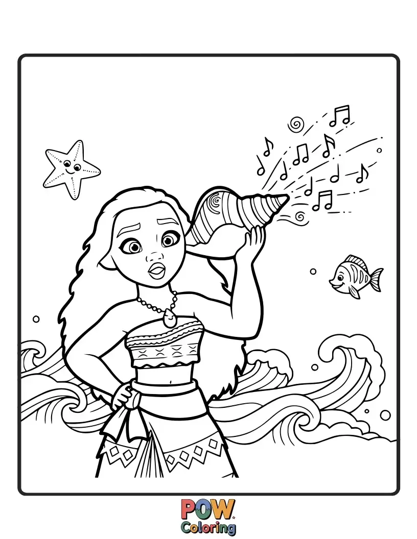 Free coloring page of Moana discovers a special seashell that hums a soft melody, hinting at the ocean's magic. A touch of whimsical wonder.