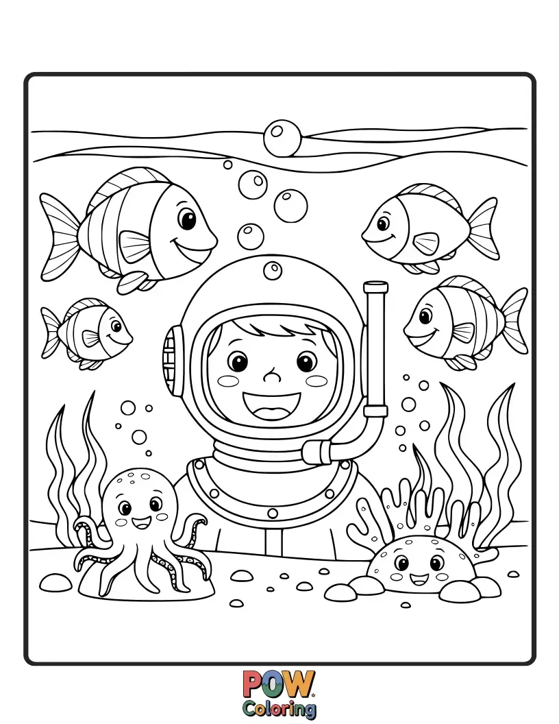 Free coloring page of A friendly diver giving a thumbs-up next to a smiling whale shark. A joyful encounter between two worlds.