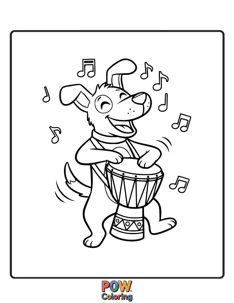 Free coloring page of A happy dog energetically drumming on a djembe. Playful, unique, and full of earthy rhythm.