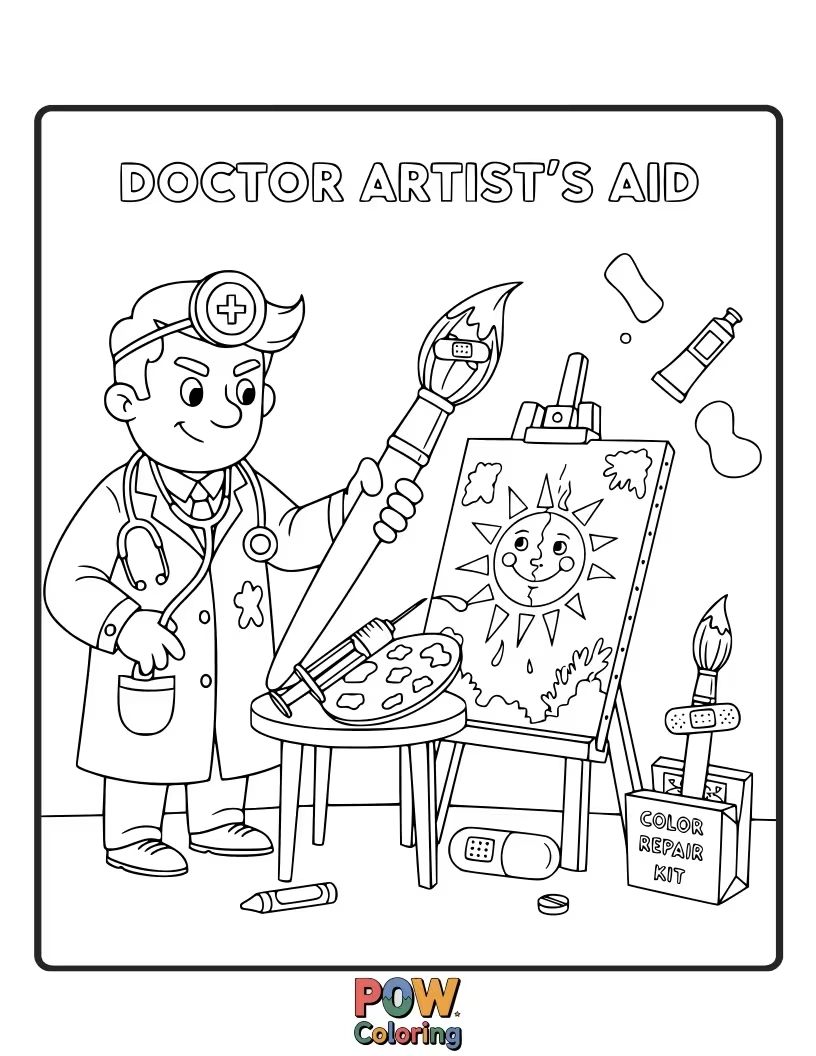 Free coloring page of An artist doctor sketching a patient’s condition with colorful pencils.