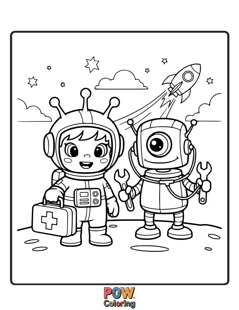 Free coloring page of An astronaut doctor floating in space, tending to a patient with zero-gravity ease.