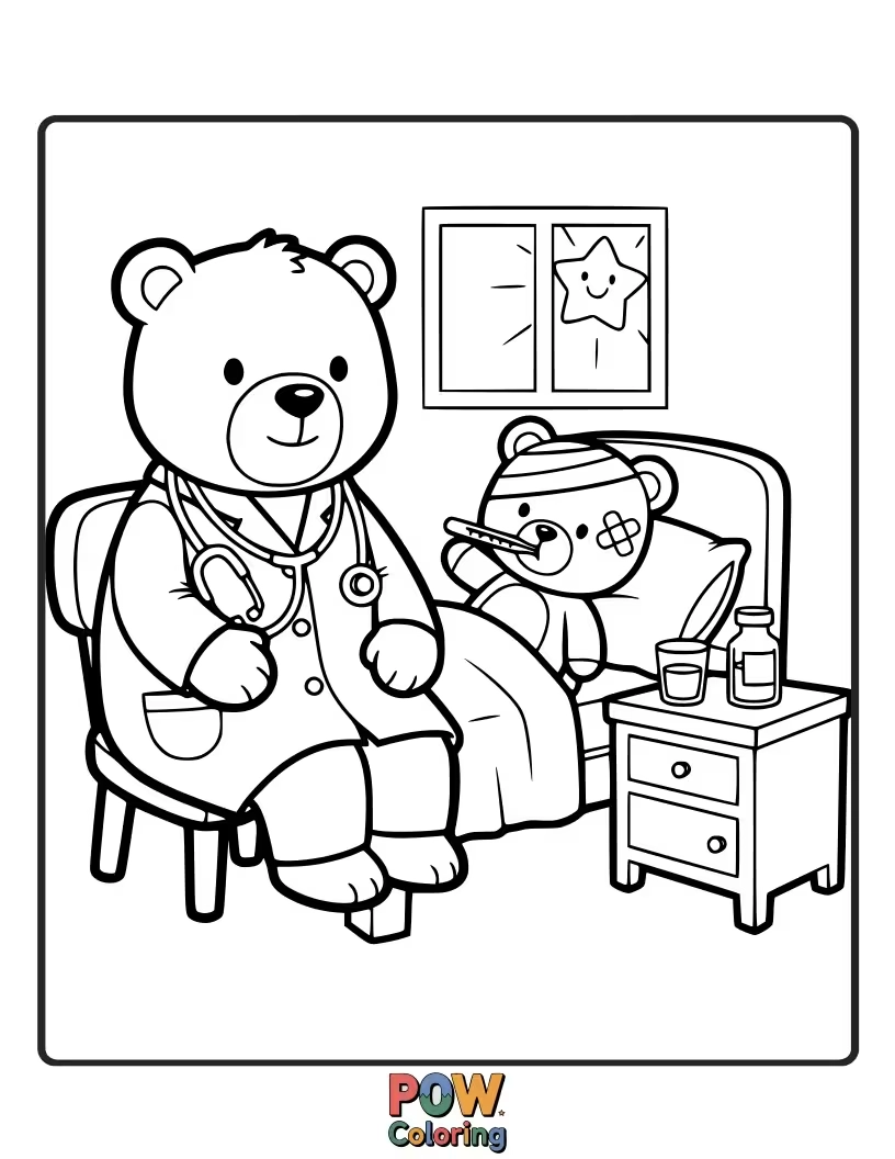 Free coloring page of A cuddly teddy bear doctor with oversized glasses, reading a story to a sleepy animal patient.