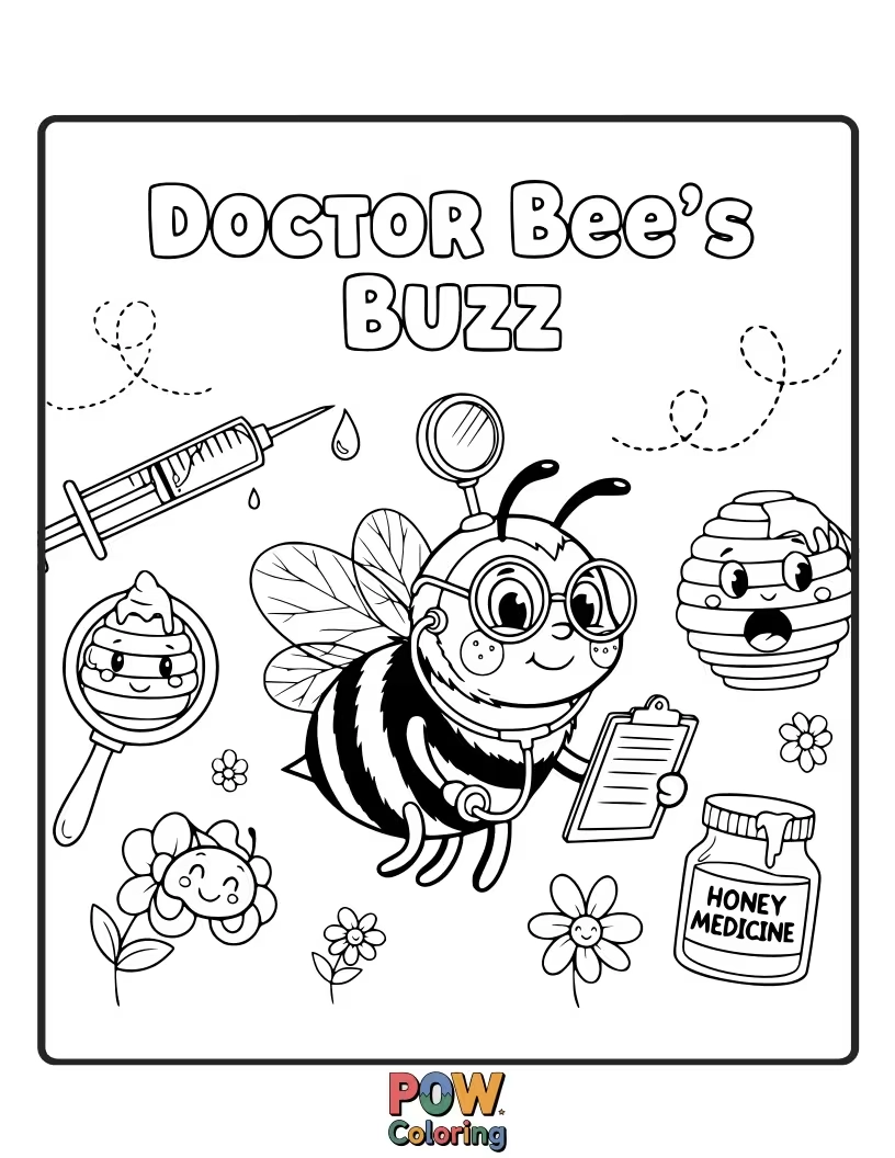 Free coloring page of A busy bee doctor buzzing around with a tiny medical kit.