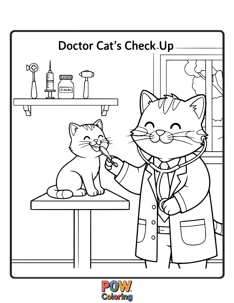 Free coloring page of A curious cat doctor batting playfully at a dangling stethoscope before a check-up.