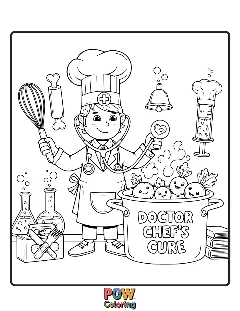 Free coloring page of A chef doctor in a tall hat, prescribing a delicious, healthy meal.