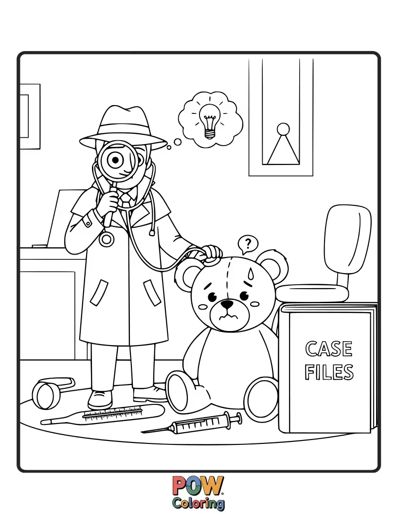 Free coloring page of A detective doctor with a magnifying glass, investigating a sniffle.