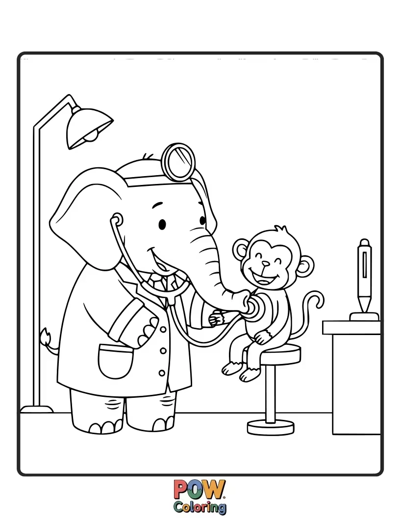 Free coloring page of A gentle giant elephant doctor giving a friendly trunk pat after a check-up.