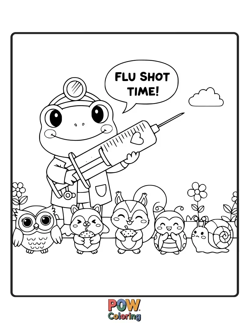 Free coloring page of A cheerful frog doctor, looking a bit surprised himself, giving a tiny flu shot.