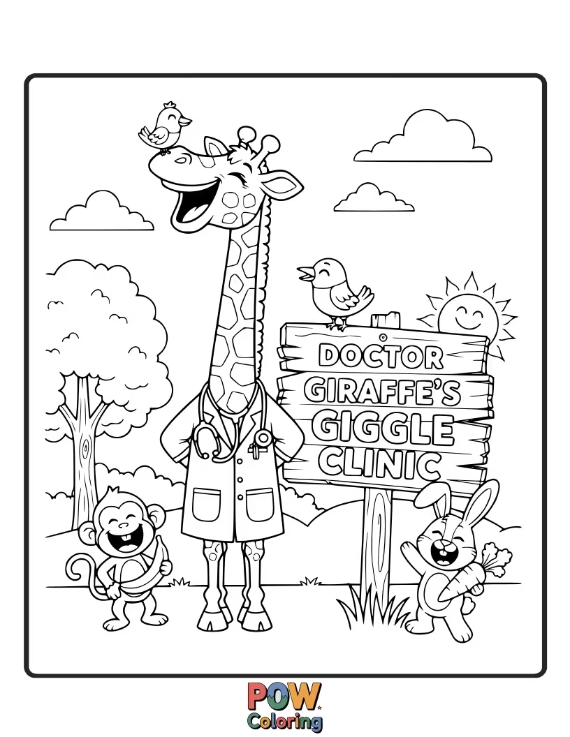 Free coloring page of A tall giraffe doctor bending down to give a patient a playful tickle.