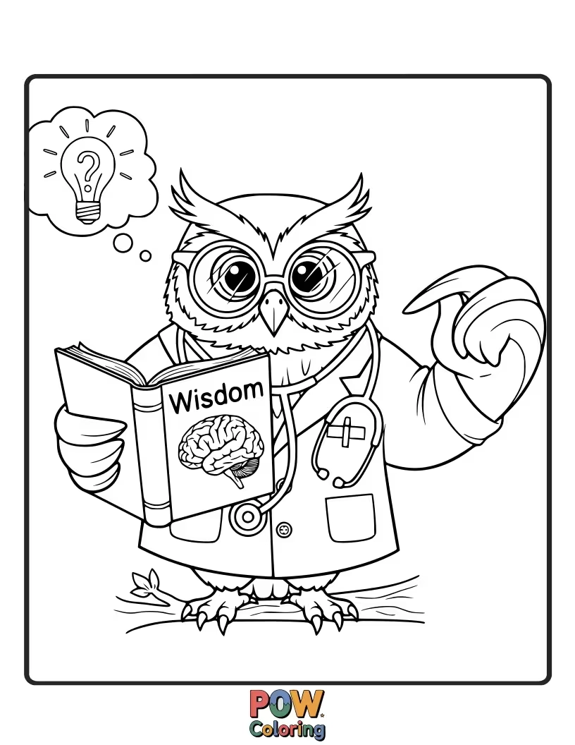 Free coloring page of A wise owl doctor with a book, offering thoughtful advice.