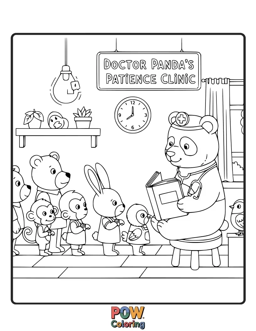 Free coloring page of A calm panda doctor carefully examining an X-ray with bamboo nearby.