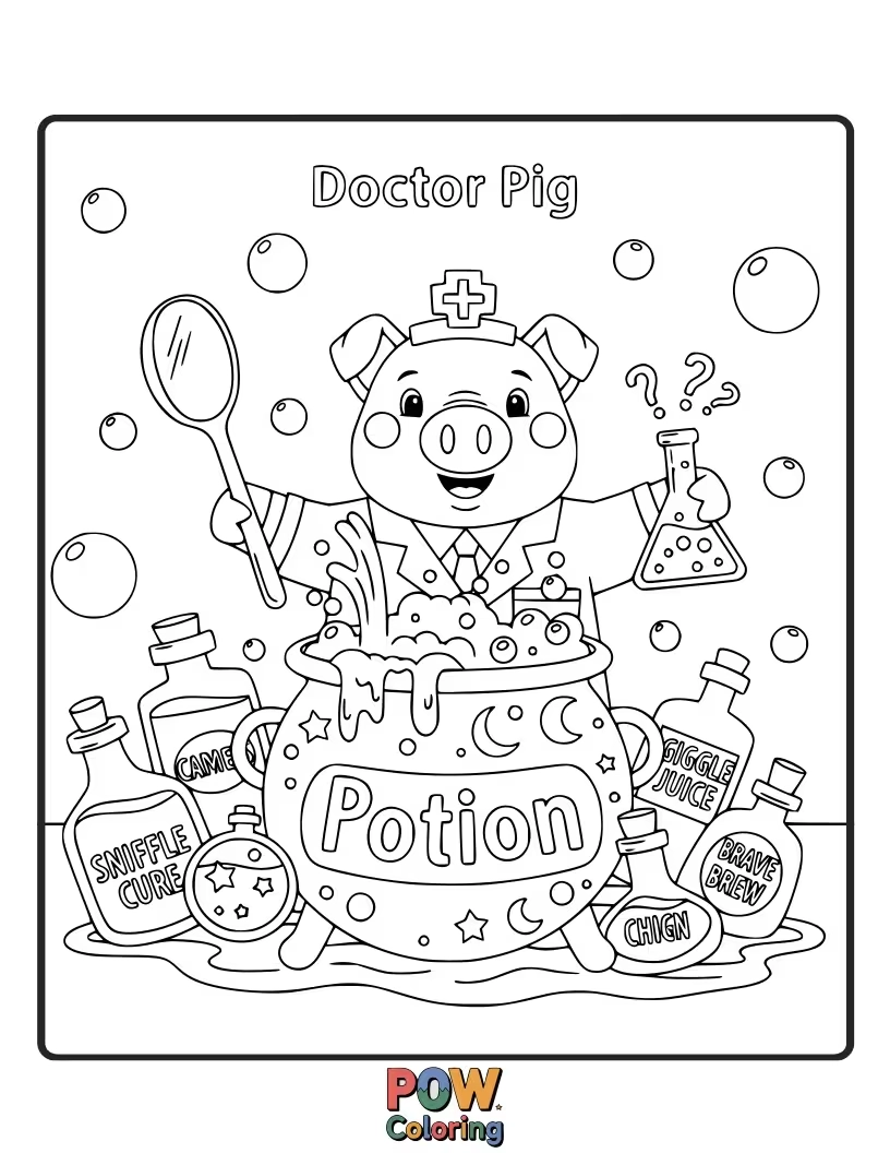 Free coloring page of A cheerful pig doctor stirring a bubbly potion in a cauldron.