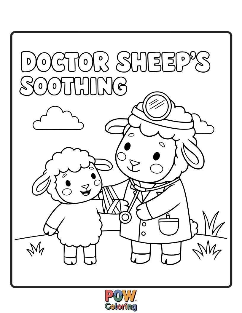 Free coloring page of A fluffy sheep doctor giving a gentle bandage to a little lamb.
