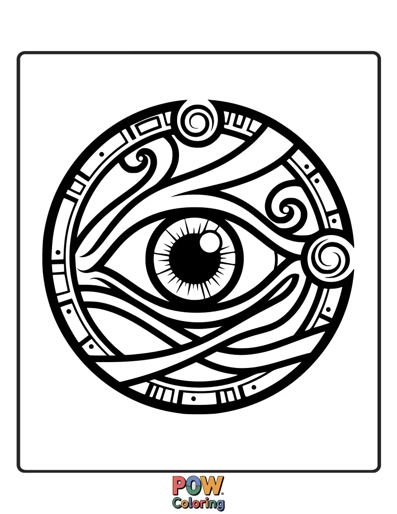 Free coloring page of A close-up of the mystical artifact, the Eye of Agamotto, with its unique shape and glowing gem.