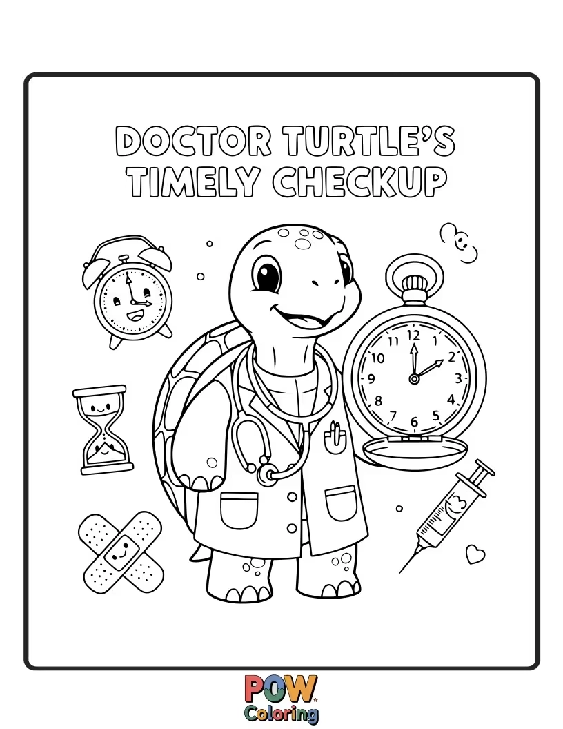 Free coloring page of A slow-but-steady turtle doctor calmly checking a patient’s pulse.