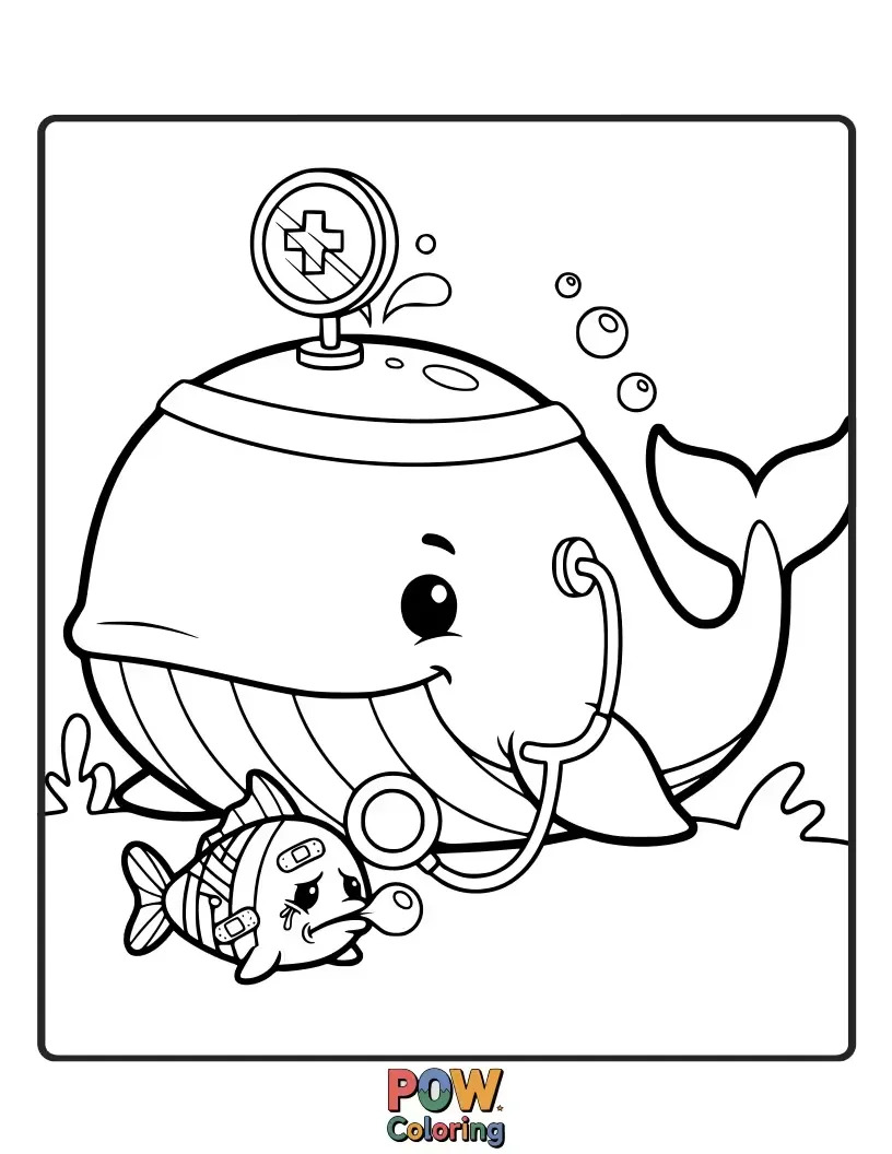 Free coloring page of A caring whale with a stethoscope, ready to help and comfort other sea creatures in its underwater clinic.