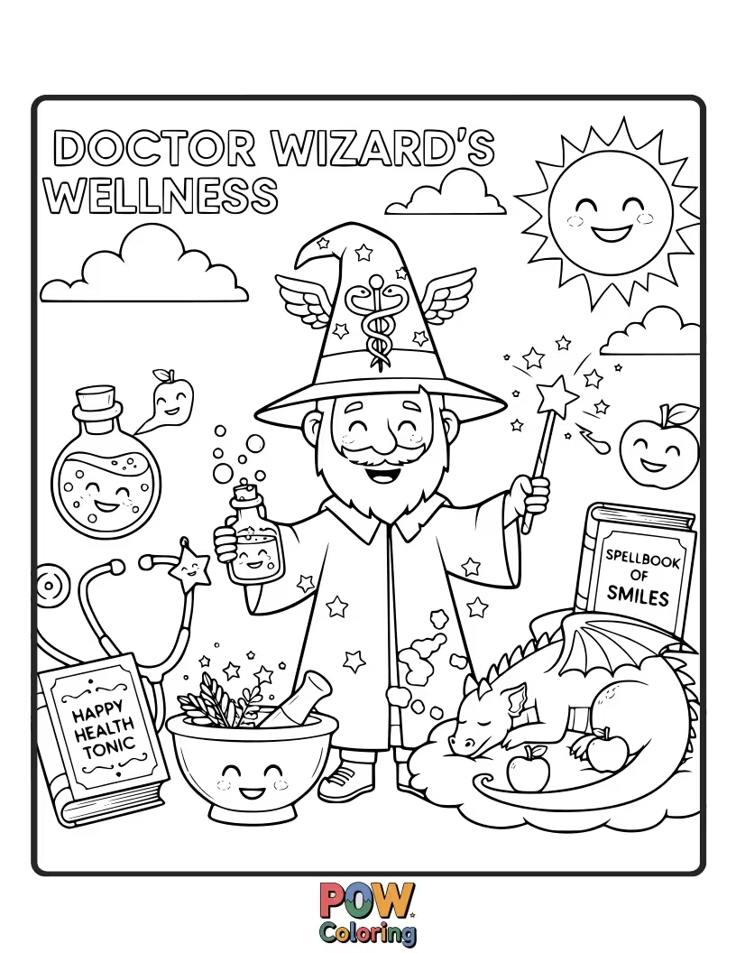 Free coloring page of A magical wizard doctor casting a healing spell with a wand.