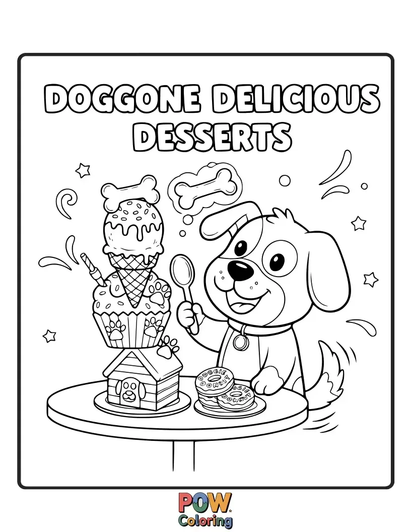Free coloring page of Sweet pups blended with delectable desserts; imagine a fluffy poodle as a cupcake or a corgi as a slice of pie!