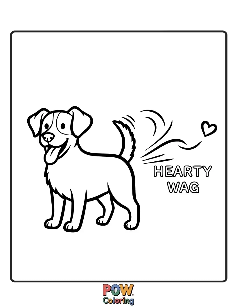 Free coloring page of A happy dog with a wagging tail carries a bouquet of heart-shaped bones for its favorite human or canine companion.