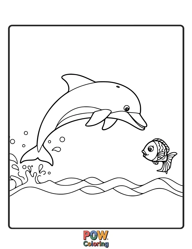 Free coloring page of An energetic dolphin in pursuit of small, fast-moving fish in the ocean.