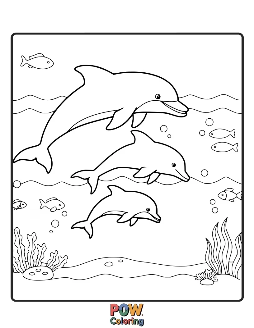 Free coloring page of A mother dolphin swims with her calf in calm ocean waters, showcasing a sweet family bond.