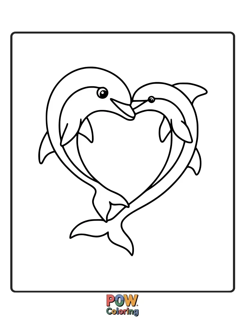 Free coloring page of A stylized dolphin forming a heart shape, representing love and friendship.