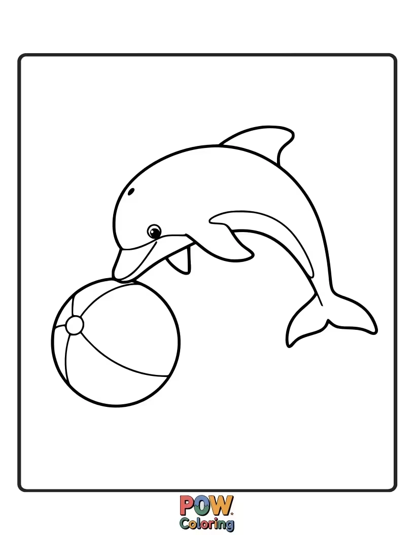 Free coloring page of A playful dolphin juggles a ball on its nose, full of fun and energy.