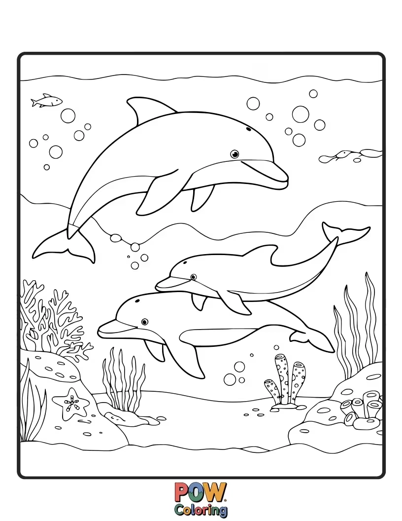 Free coloring page of A group of dolphins swimming together in the deep blue sea, surrounded by seaweed.