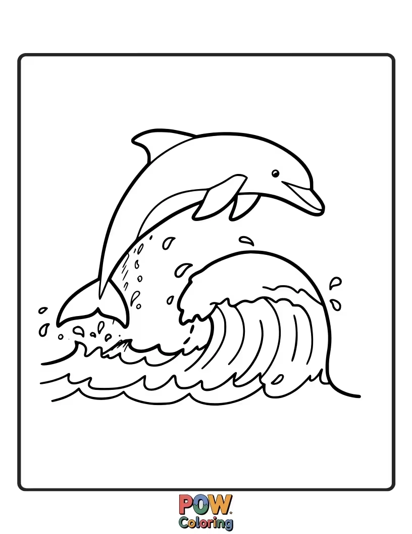 Free coloring page of A sleek dolphin surfs a large ocean wave, capturing its speed and agility.