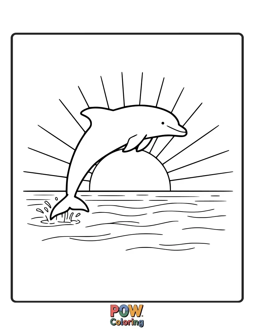 Free coloring page of The silhouette of a dolphin jumping against a beautiful sunset over the ocean.