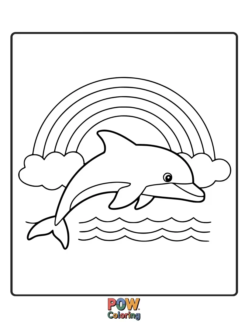 Free coloring page of A magical dolphin swimming under a vibrant rainbow after a gentle rain shower.