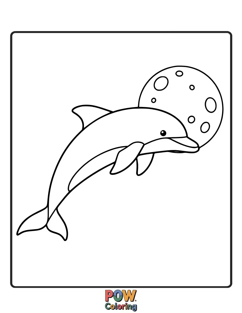 Free coloring page of A dolphin leaps under a big, friendly moon in the night sky.