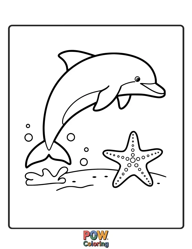 Free coloring page of A friendly dolphin exploring the seabed, encountering a cute starfish.