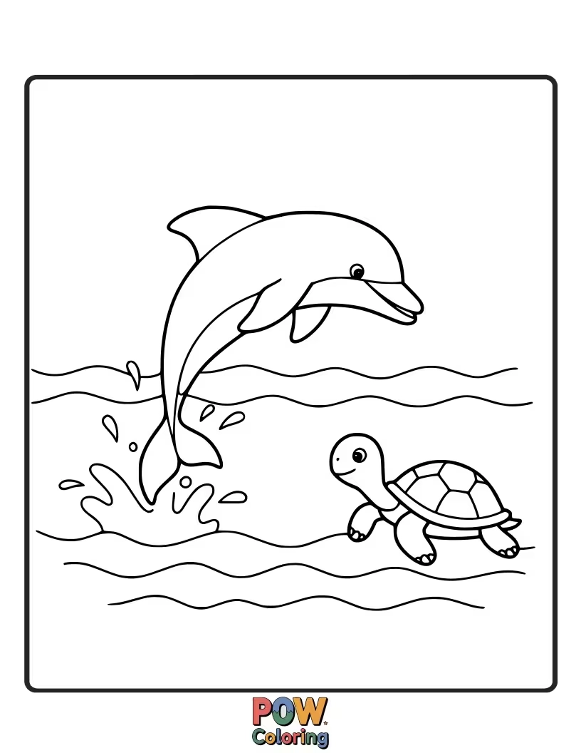 Free coloring page of A gentle dolphin swims alongside a peaceful sea turtle in their ocean home.