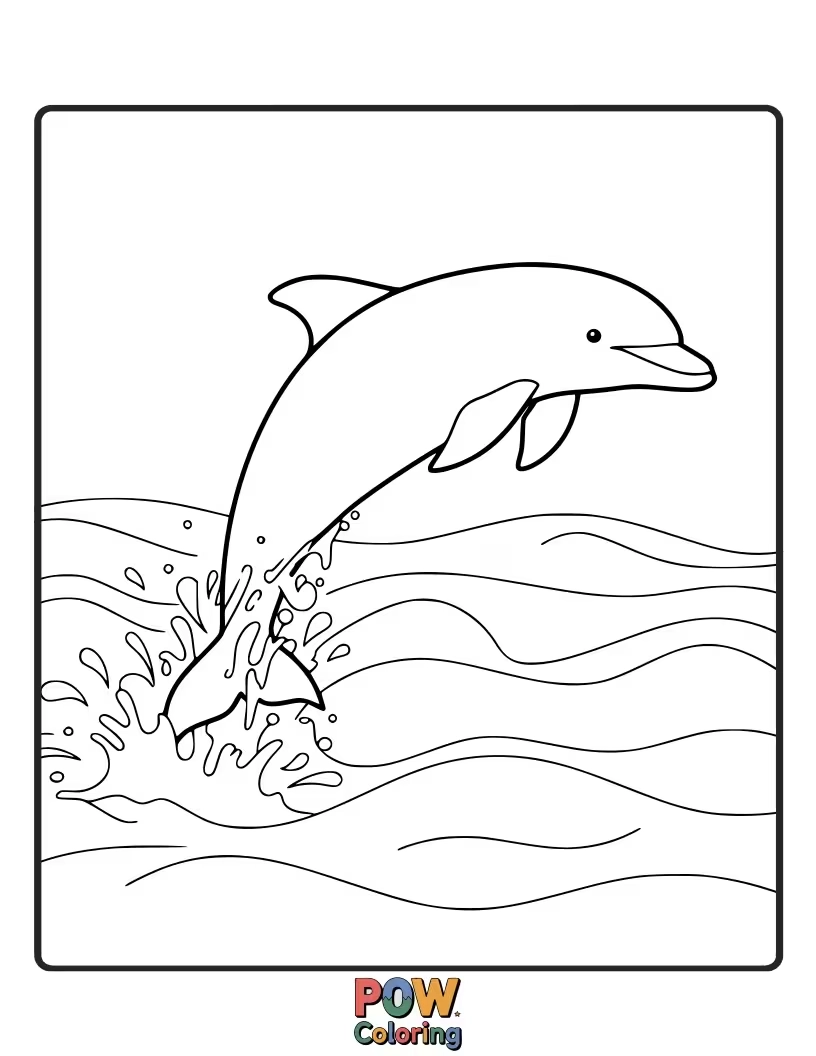 Free coloring page of A dolphin swimming in clear, warm tropical waters with palm trees visible above.