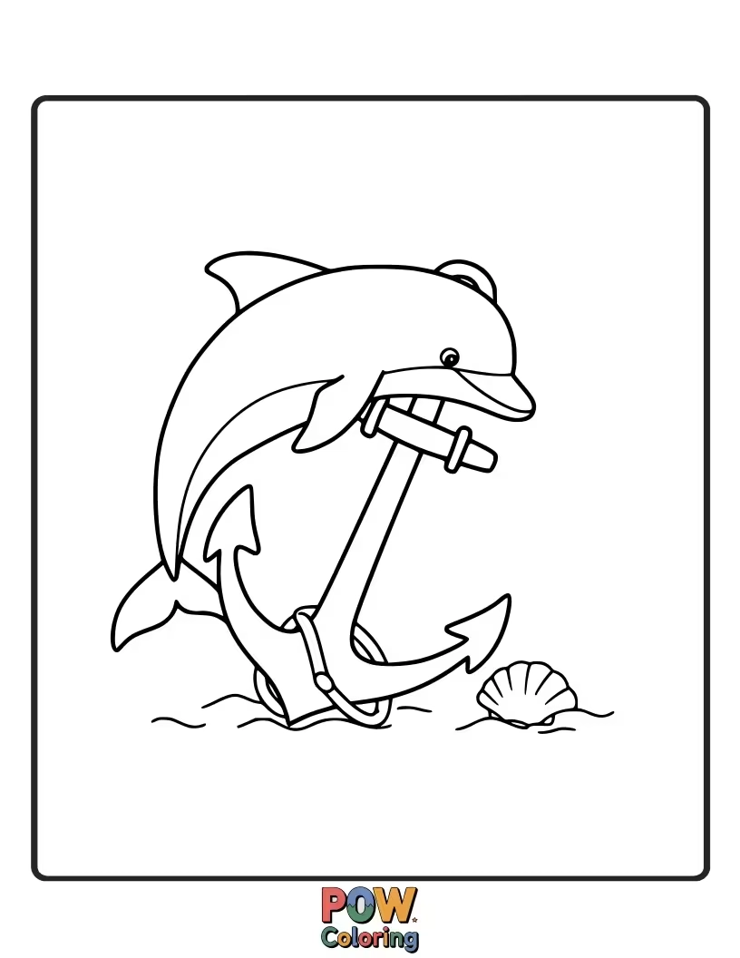 Free coloring page of A playful dolphin interacts with a ship's anchor resting on the ocean floor.
