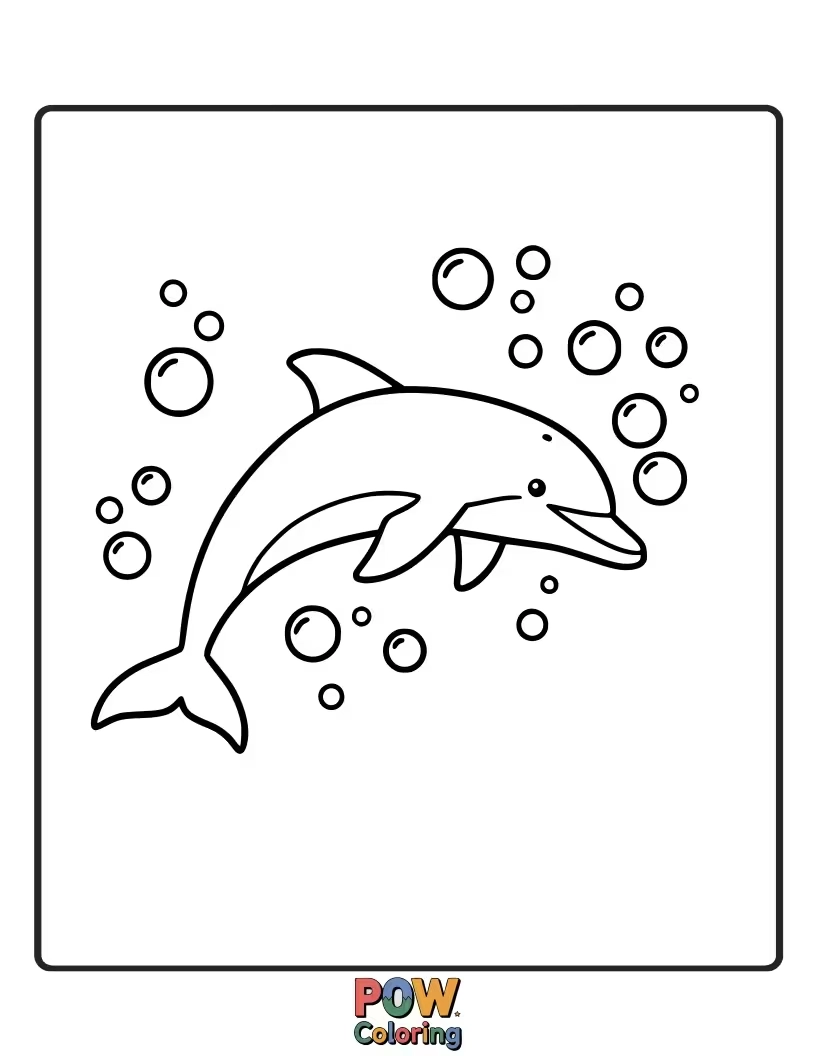 Free coloring page of A happy dolphin blowing a trail of playful bubbles in the ocean.