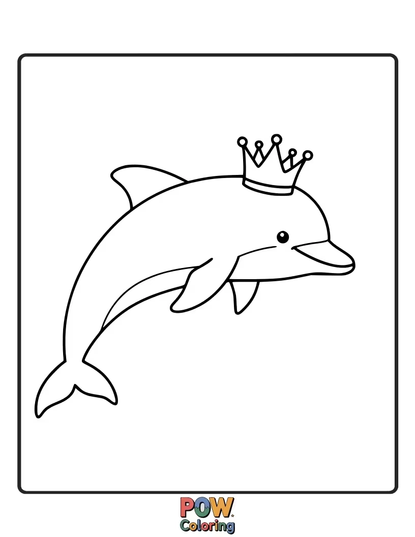Free coloring page of A regal dolphin wearing a small crown, feeling like royalty.