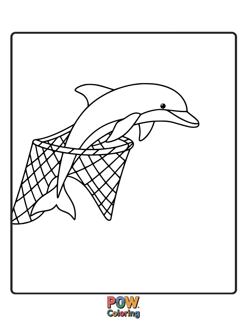 Free coloring page of A dolphin swimming cautiously near a discarded fishing net. (Focus on its graceful movement).