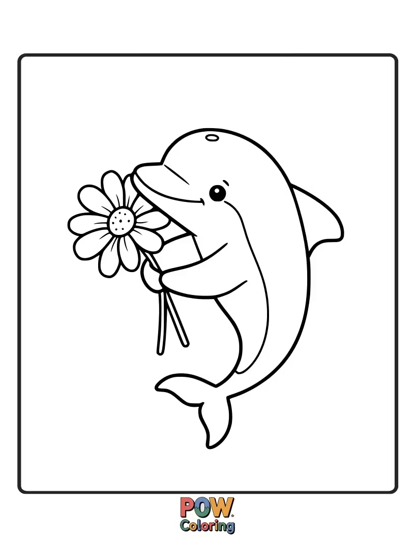 Free coloring page of A sweet dolphin holding a single flower in its mouth.