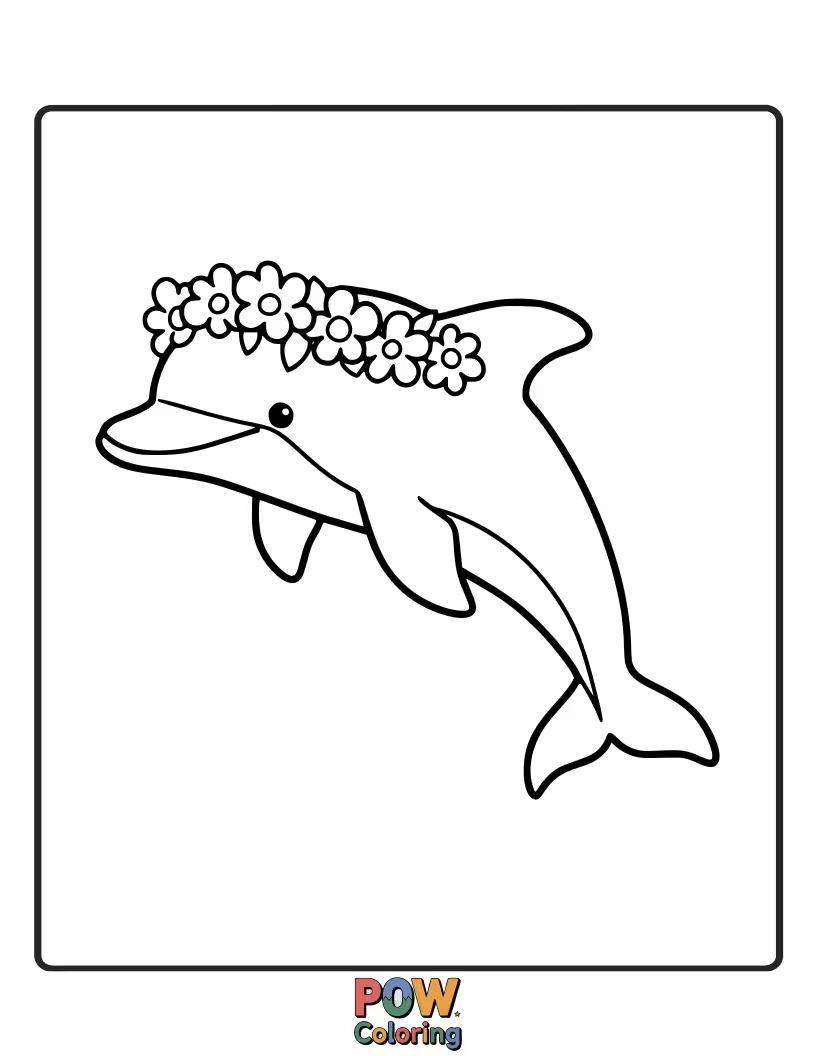 Free coloring page of A graceful dolphin adorned with a beautiful flower crown, looking ethereal.
