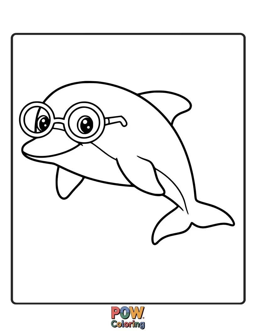 Free coloring page of A funny dolphin wearing eyeglasses, looking studious or silly.