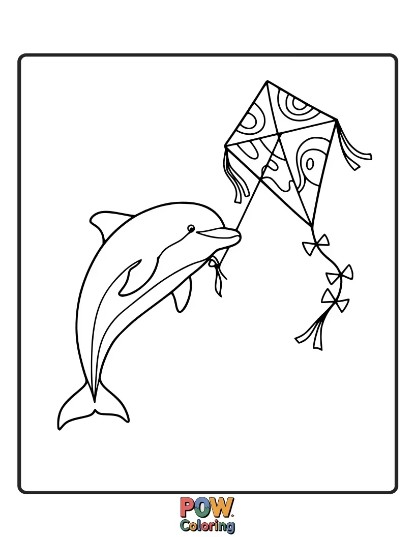 Free coloring page of A playful dolphin jumping high into the air, as if reaching for a kite.