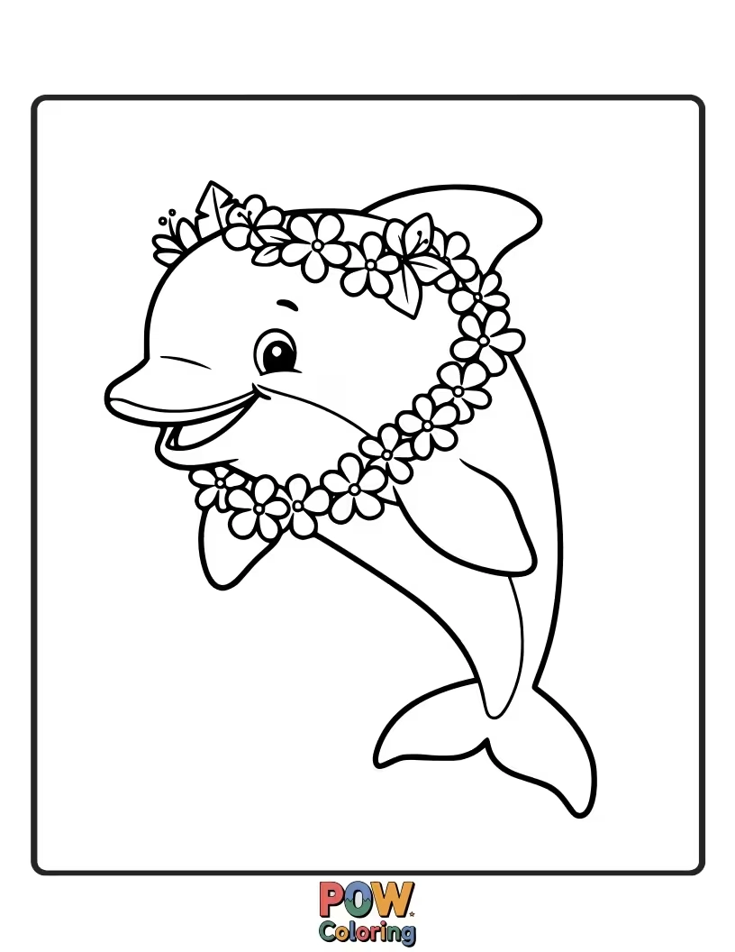 Free coloring page of A festive dolphin adorned with a floral lei, ready for a celebration.