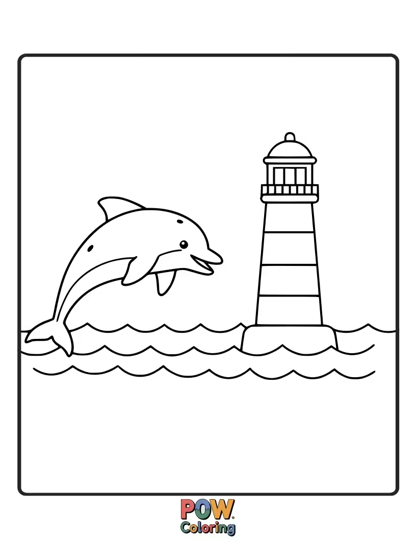 Free coloring page of A dolphin swimming in the sea, with a lighthouse visible on the distant shore.
