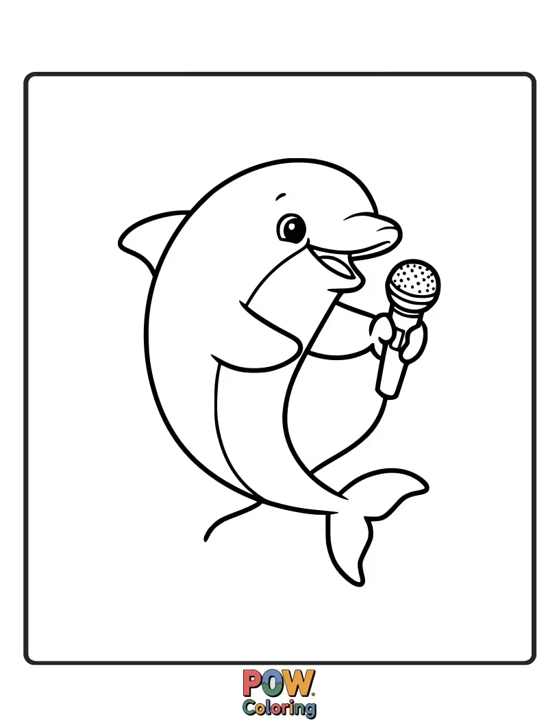 Free coloring page of A happy dolphin singing into a microphone, as if performing a concert.