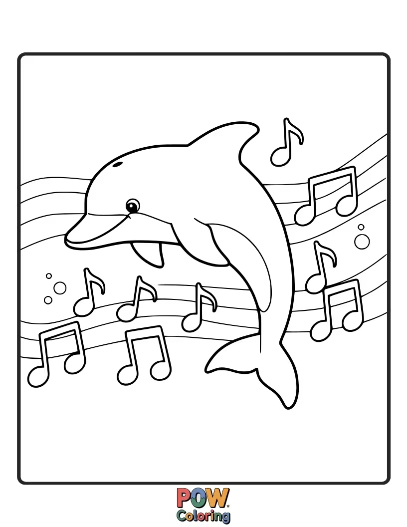 Free coloring page of A cheerful dolphin swimming joyfully, surrounded by musical notes.